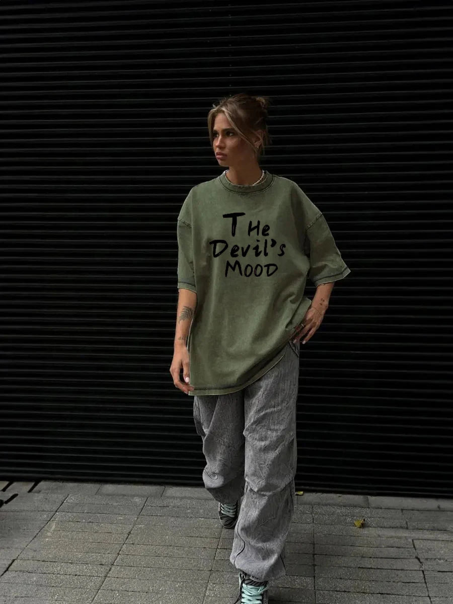 Pink Letter Design Washed T Shirt Women Vintage Cotton T-shirts Streetwear Soft Mineral Tees Girl Loose Female Tee Tops Y2k