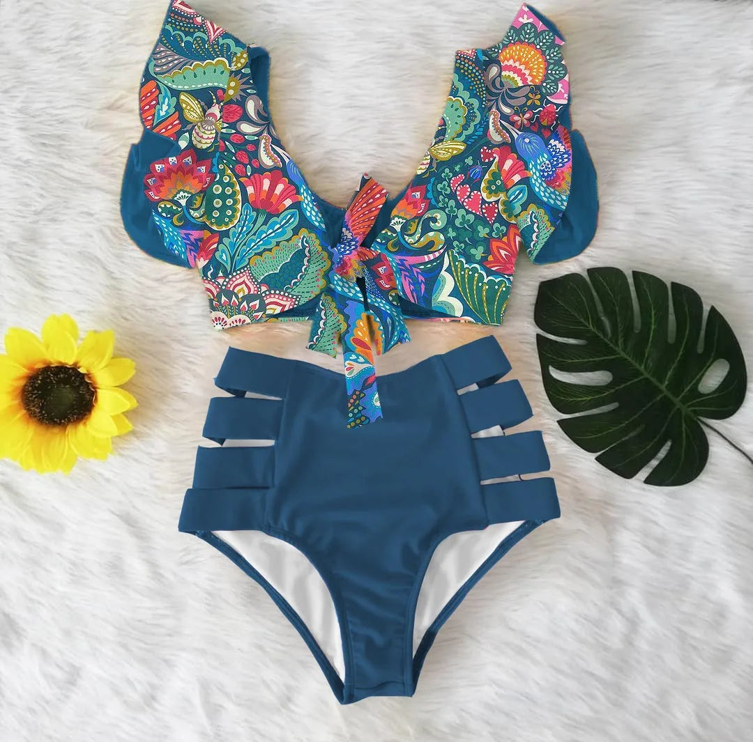 2026 High Waist Bandage Bikini Set For Women Floral Printed Ruffle Bikinis Push Up Strappy Brazilian Biquini Swimwear Swimsuit