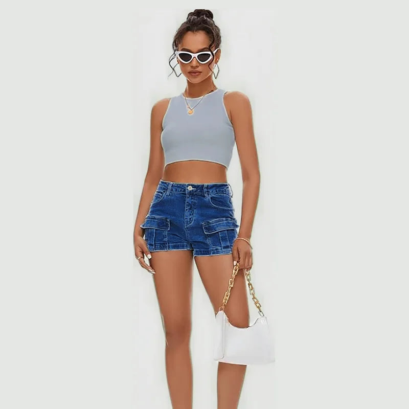 Ladies jeans Shorts High Waisted Blue Cargo Style Shorts Trendy Summer short jeans pants, Popular Choice