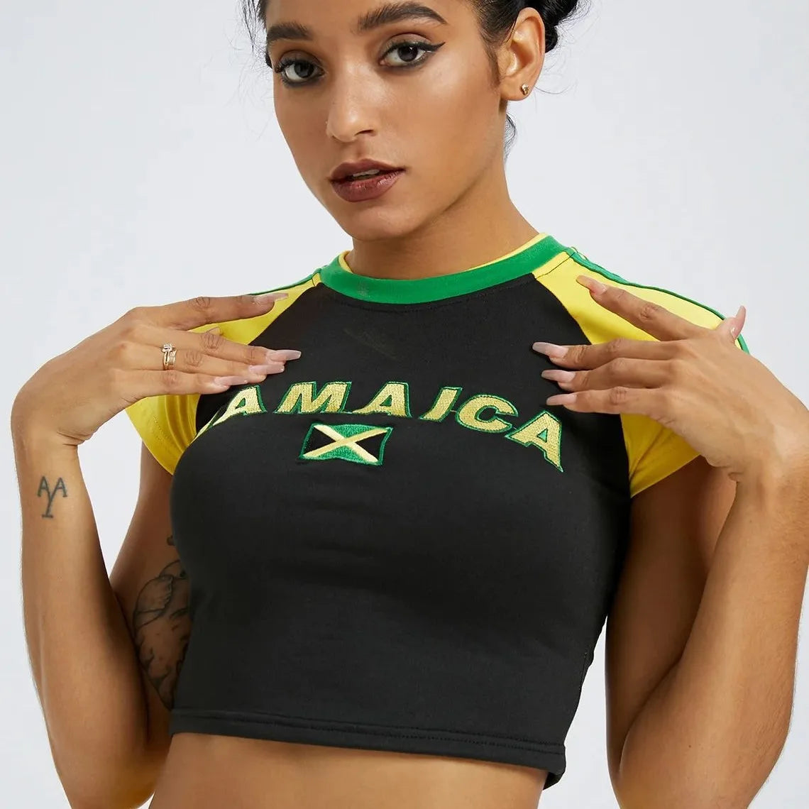 Women Aesthetic Jamaica Letter Print T-shirt Vintage Grunge Short Sleeve Baby Tees 2000s Summer Sexy Crop Tops Gothic Y2k Clothe