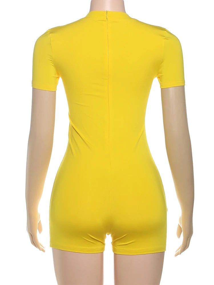 Weird Puss Letter Print Fashion Romper Women Body-Shaping  o-Neck Mini Sleeve Tight Peach Hip Casual Simple Workout Playsuits