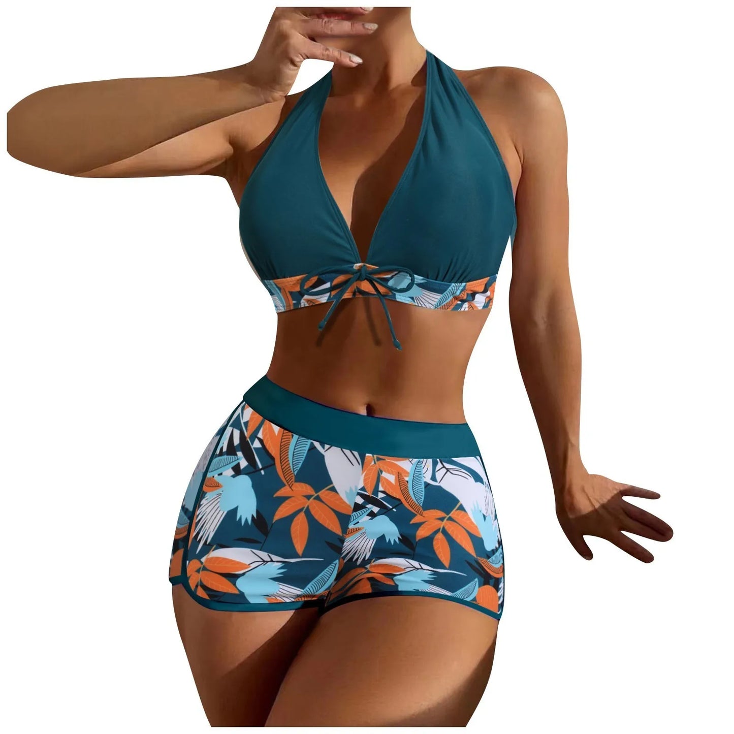 Shorts Bikinis Set  High Waist Swimsuit Women Swimwear  Plant Print Bathers Bathing Swim Suit Beachwear