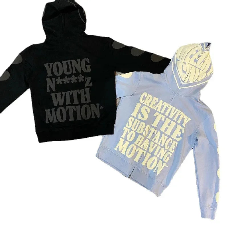 Y2K  Clothes  Foam Printed High Street Hip-Hop Loose Zipper Hoodie Men Gothic Harajuku Casual Street Oversized Sweatshirt Unisex