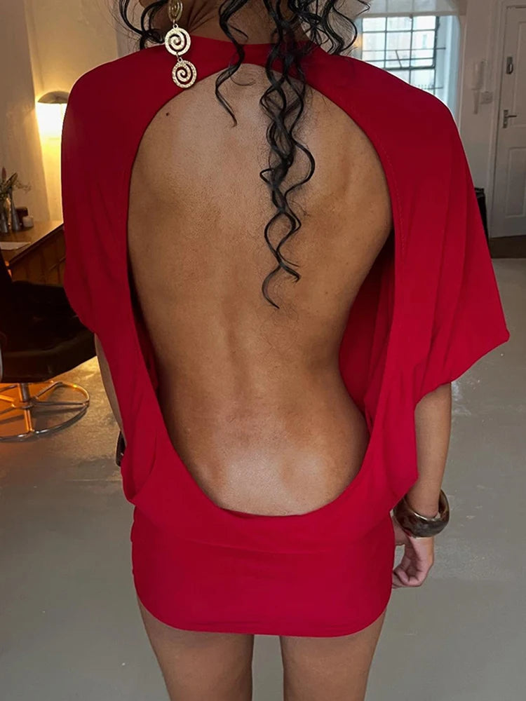 Weird Puss Sexy Backless Mini Dress Women Y2K Solid Trend Style o-Neck Half Sleeve Spicy Girls Street Fashion Skinny Outfits