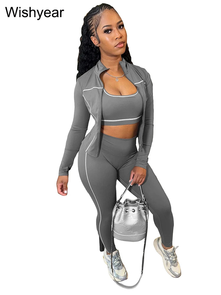 Sports Women's Stripe Pink 3-Piece Pants Set Long Sleeve Crop Top Tank Leggings Skinny Autumn Active Fitness Streetwear Outfits