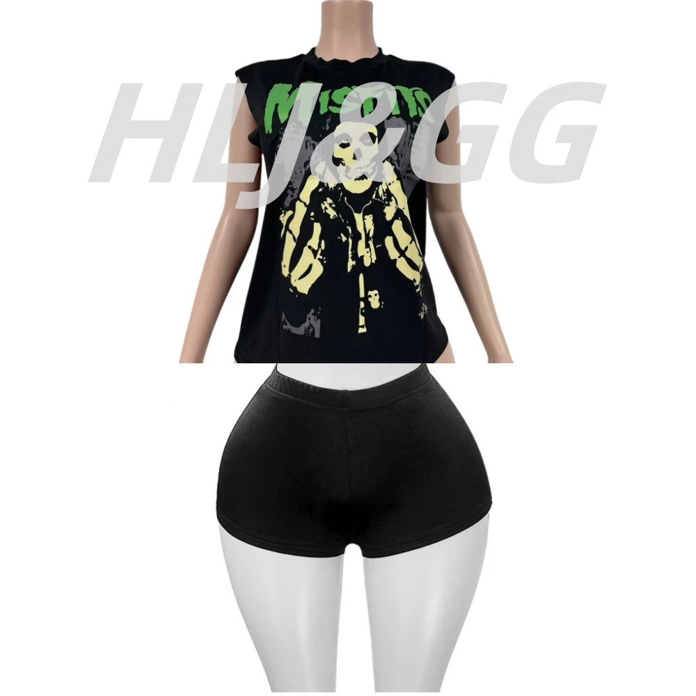 HLJ&GG Fashion Street Letter Print Tshirts Two Piece Sets Women O Neck Sleeveless Top And Shorts Outfits Y2K Female Streetwear