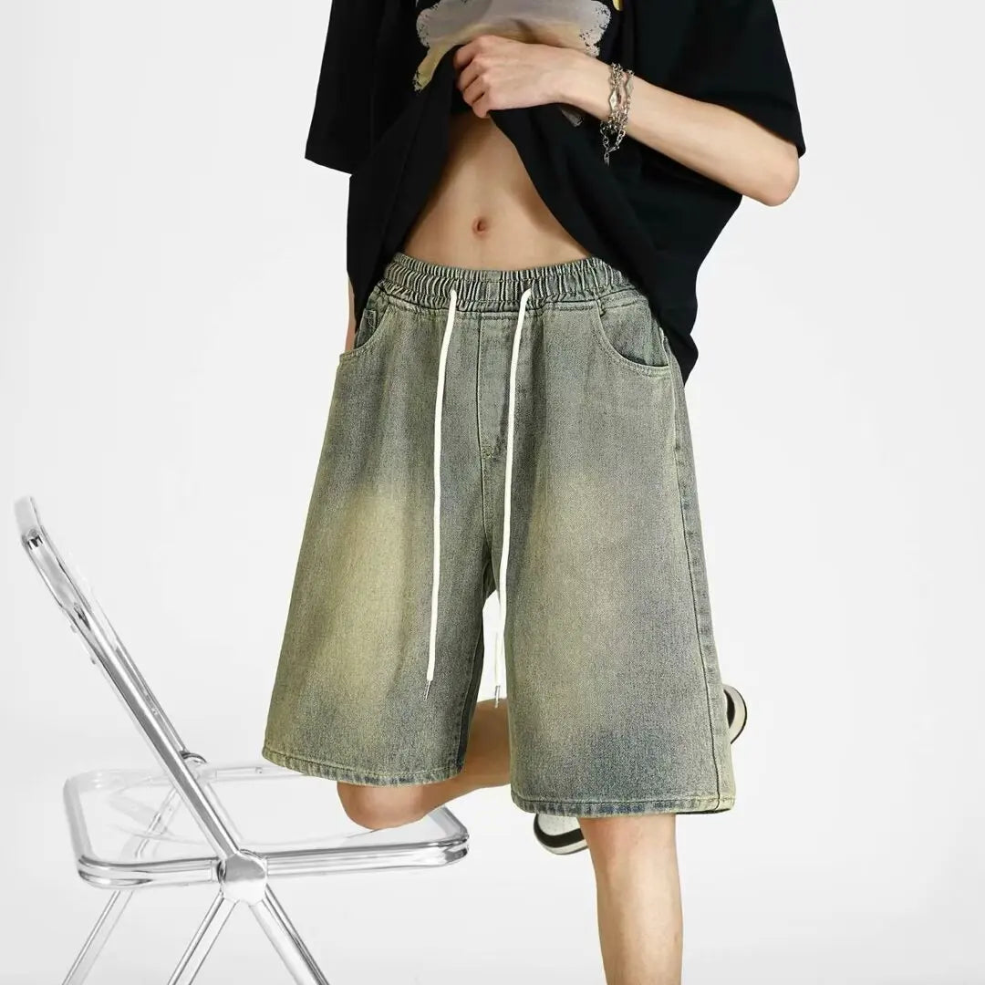 denim shorts, men's 2025 summer thin style retro loose American fashion brand casual five inch mid length pants