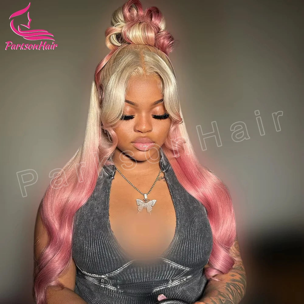 Highlight 13x6 13x4 Lace Front Wig 250 Density Remy Human Hair Wig For Women Ombre Pink Lace Frontal Human Hair Wigs Body Wave