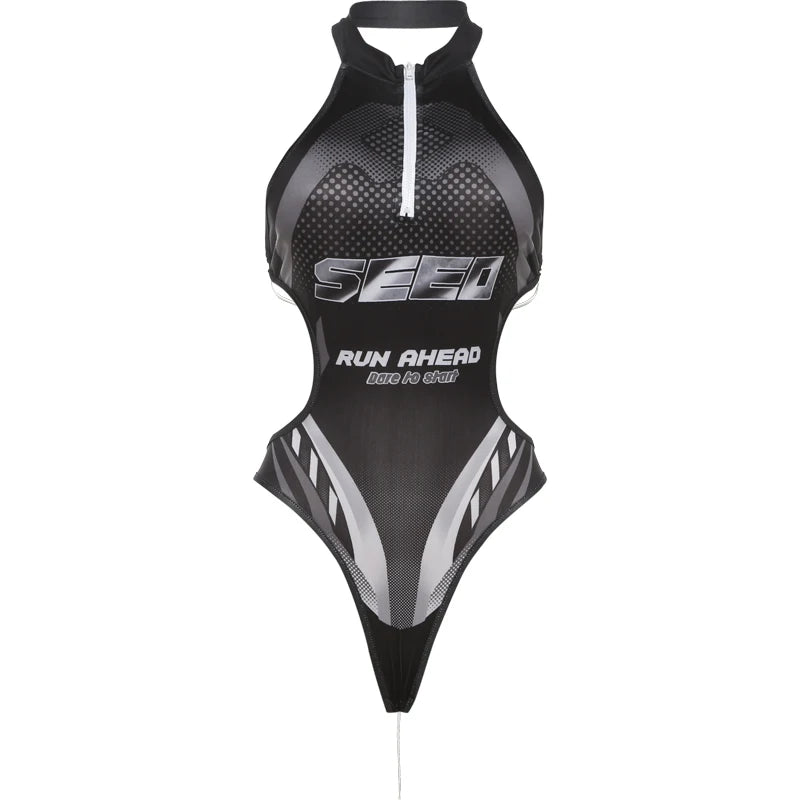 Weird Puss Halter Hollow Bodysuit Woman Summer Backless Straps Zipper Sexy Print Wild Fashion Trend Streetwear Skinny Clubwear