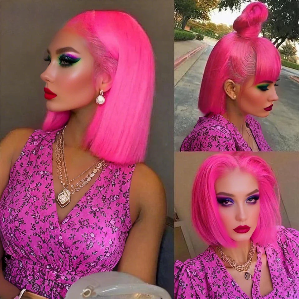 Hot Pink Short Bob Wig Human Hair 13X4 Bob Lace Frontal Wigs Pre Plucked Brazilian Remy Wigs 180% Denity