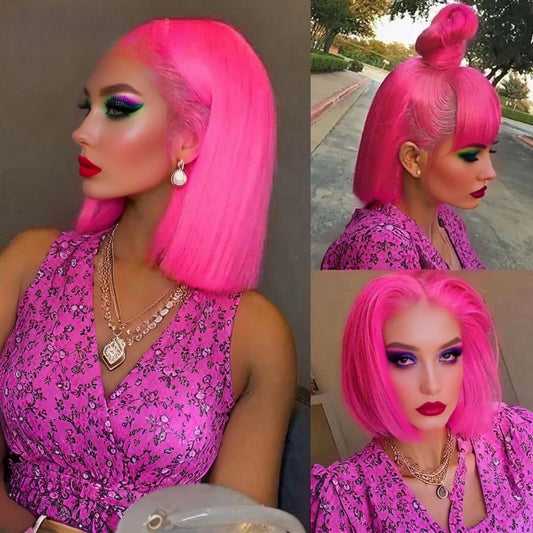 Hot Pink Short Bob Wig Human Hair 13X4 Bob Lace Frontal Wigs Pre Plucked Brazilian Remy Wigs 180% Denity