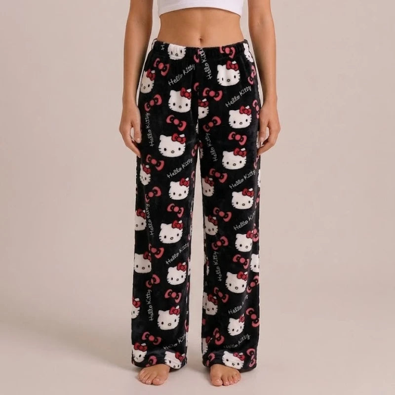 Hello Kitty Fleece Coral Pajama Pants Soft Trousers Women Casual Home Trousers Anime Cartoon Birthday Gift