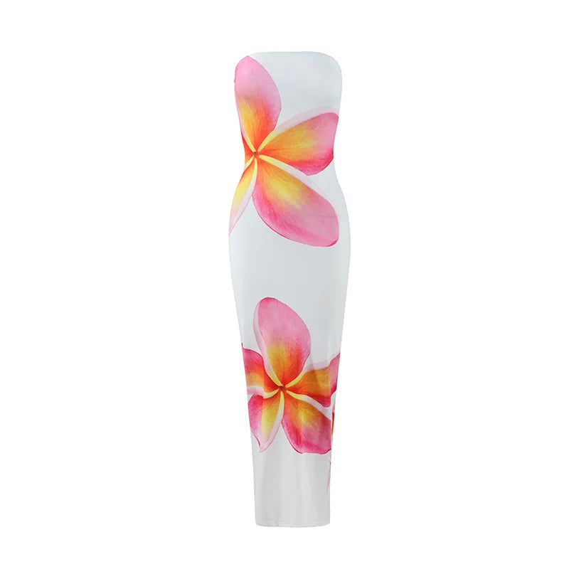 Women's Fashion Sexy Flower Print Strapless Long Dress Summer Vacation Elastic High Waist Slim Fit Party Evening Dress 2025