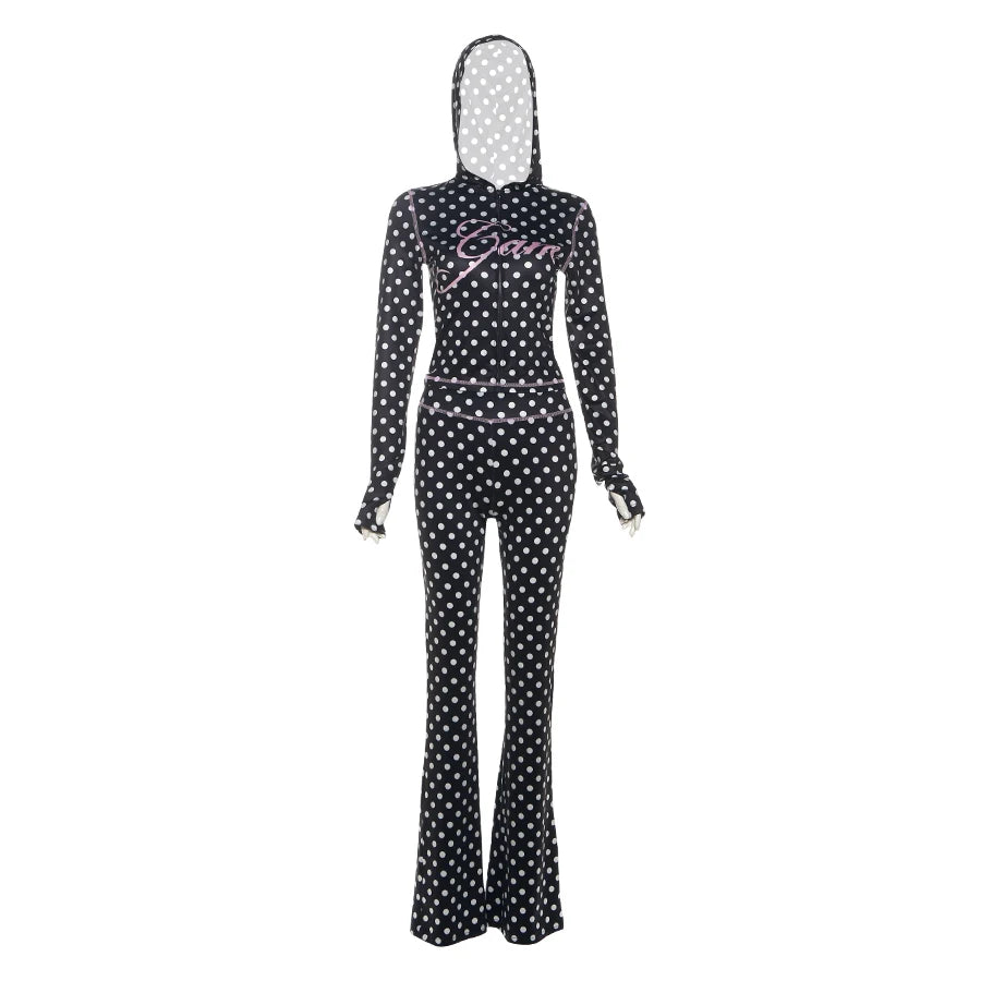 Weird Puss Polka Dot Letter Print 2 Piece Set Woman Tracksuit Trend Sexy Hooded Jacket+Pants Skinny Stretch Matching Streetwear