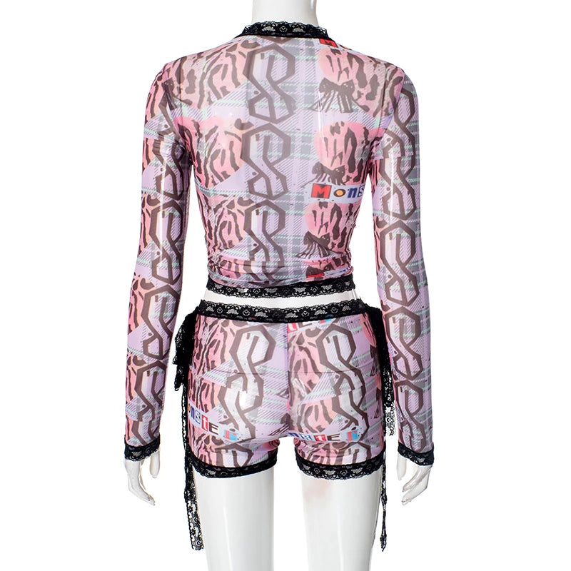 Weird Puss See Through Women 2 Piece Set Sexy Black-Edged Lace Sexy Full Sleeve Crop Tops+Shorts Matching Club Stretch Outfits