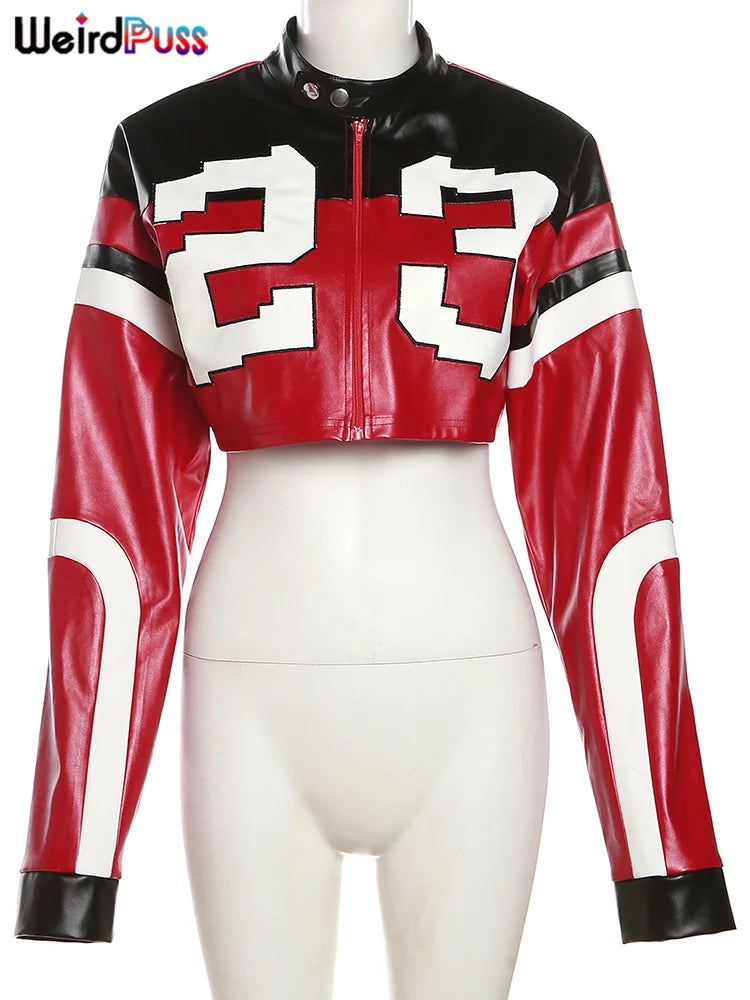 Weird Puss Faux Leather Women Jacket Hipster Letter Print Autumn Trend Casual Sporty Wild Streetwear Uniform Varsity Crop Coat
