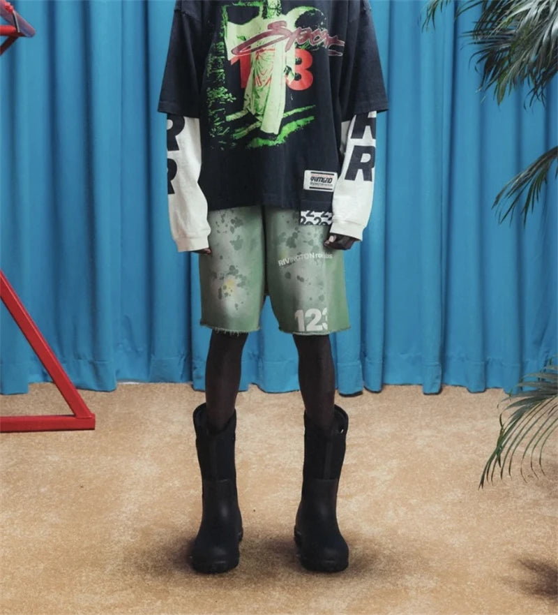 RRR123 2024 New Sports Shorts Heavyweight Washed Graffiti Print Vintage Drawstring Capris Casual High Street Loose Curled Y2K