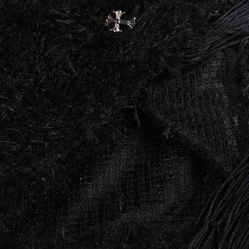 HLJ&GG Black Sexy Y2K Punk Tassels Two Piece Sets Women Chain Lace Up Slim Tube And Fur Mini Skirts Outfits Fashion Streetwear