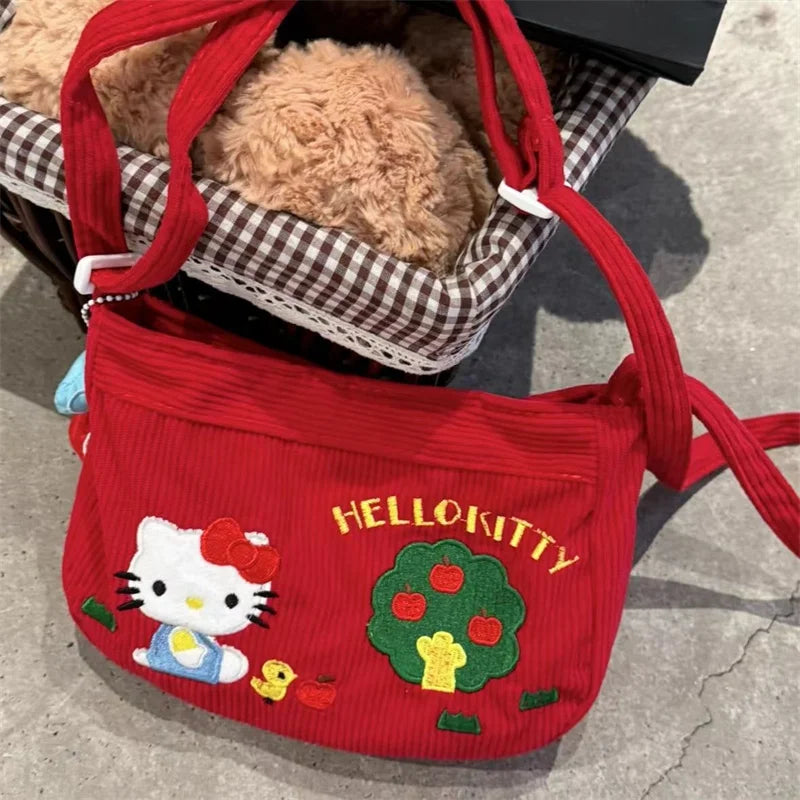 Kawaii Retro Red Cartoon HelloKitty Crossbody Bag Cute Japanese Girl Fashionable Corduroy Shoulder Bag Storage Bag Children Gift