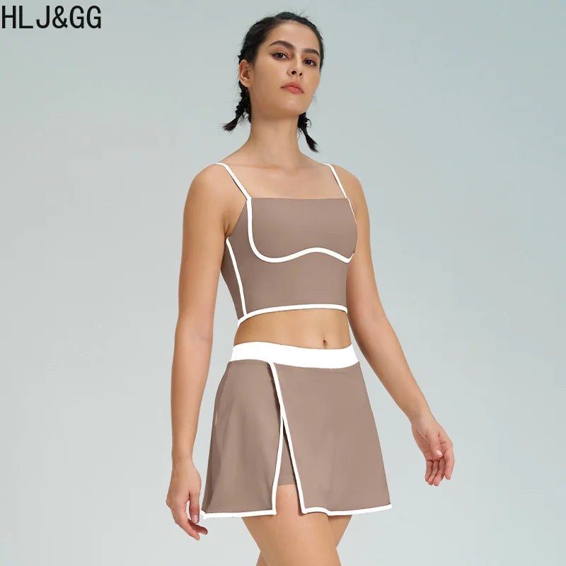 HLJ&GG Fashion High Quality Stretch Sporty Skirts Shorts Two Piece Sets Women Spaghetti Strap Slim Crop Top+Mini Skirts Outfits