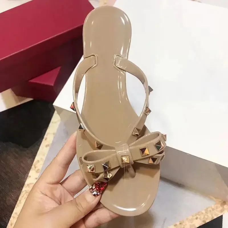 Size 36-42 2026 Hot Sale Fashion Women's Flip Flops Summer Shoes Cool Beach Rivet Big Bow Flat Sandals Jelly Shoes Sandals Girls