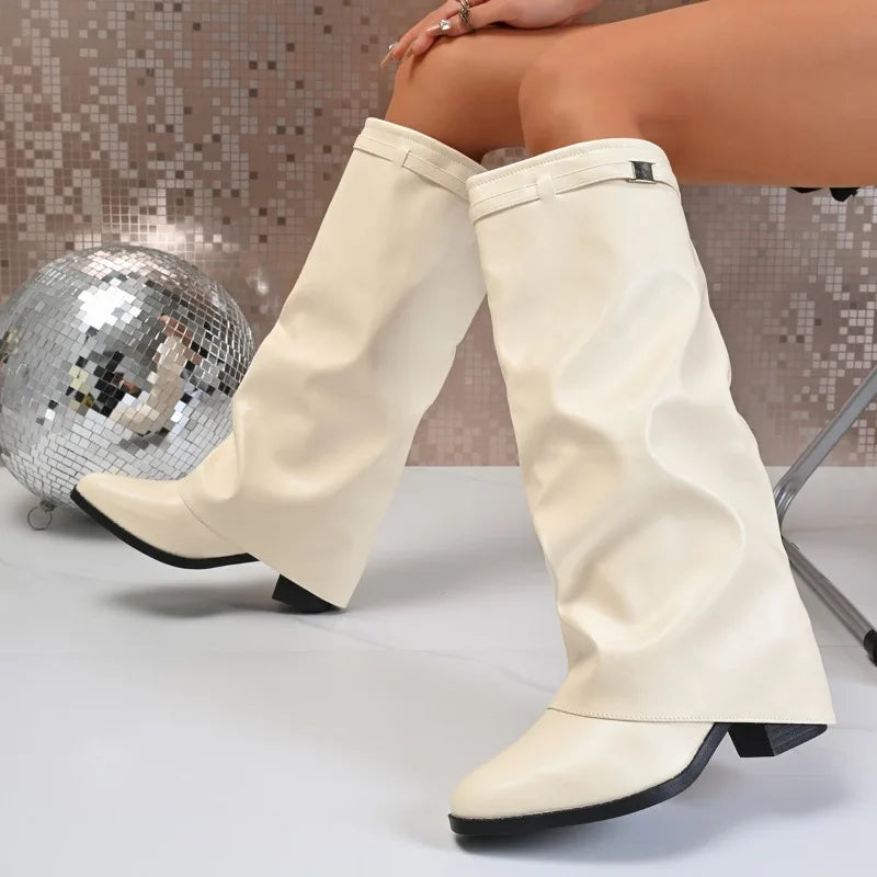 Women's Shoes New Pointed Toe Straight Glossy Medium Long Boots Large Size Chunky Heel Boots Women's Boots