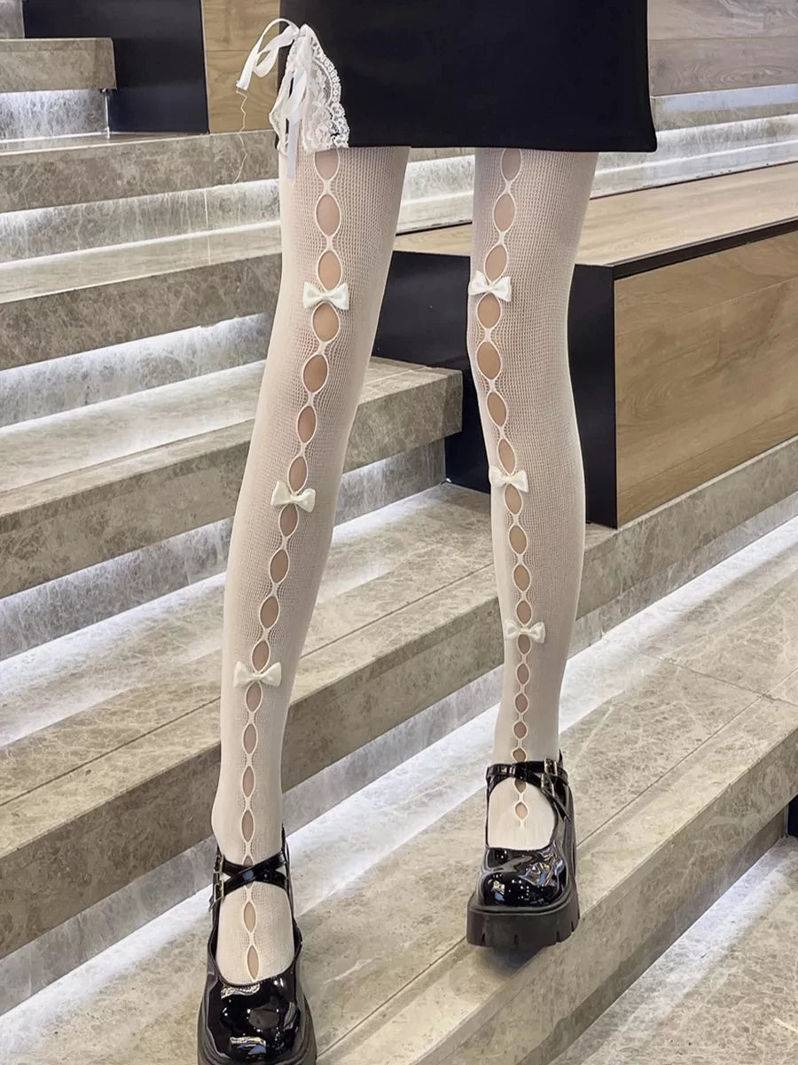 Sexy Lace Bow Patchwork Stockings Women Bodycon Elastic See Through Slim Pantyhose Party Club Sexy Y2K Hollow Out Tights Ladies