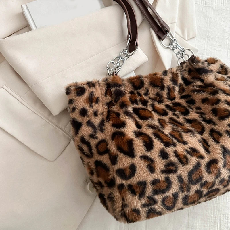 National Style Simple Women Leopard Tote Bag Lady Luxury Fluffy Shoulder Bag Chain Large Capacity Commuter Handle Bag