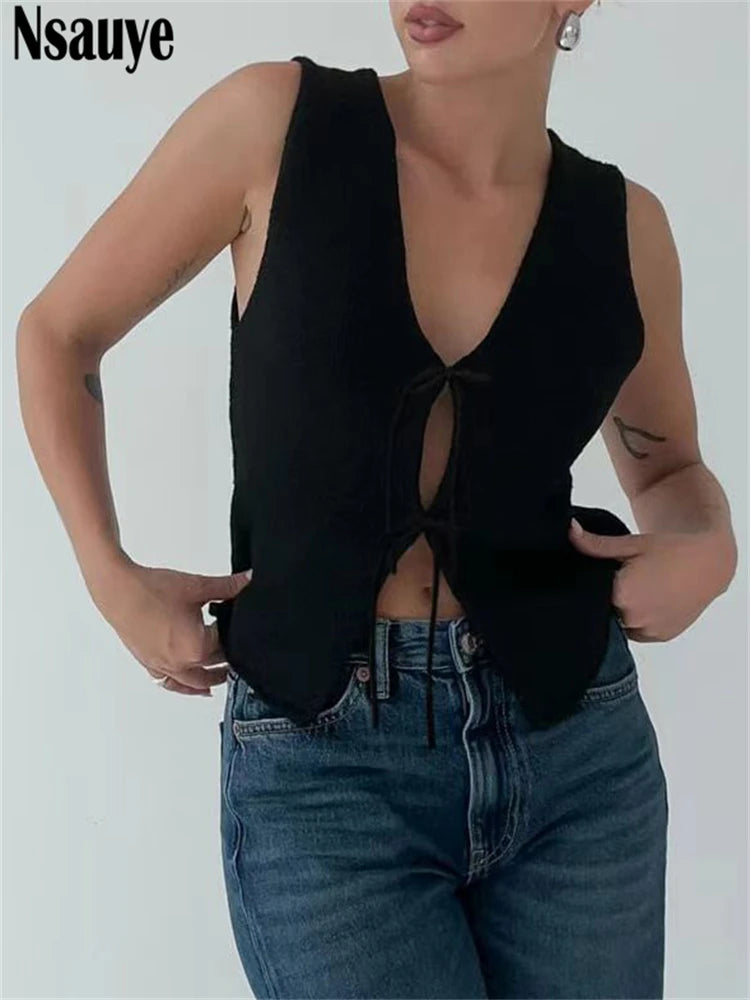 Nsauye 2024 Fashion Summer Y2K Crop Tops Women Knitted Sleeveless Cardigans Tops Outer Wear Sexy Club Lace Up Vest Tank Tops