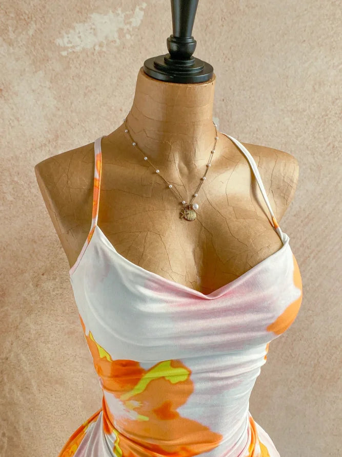 Women Halter Cowl Neck Floral Print Side Ruched Ruffle Hem Mini Dress 2026 Summer Tropical Beach Y2K Going Out Party Bodycon Dre