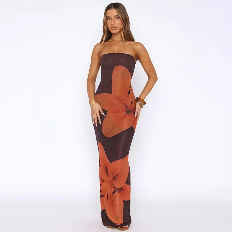 Women's Floral Print Backless Strapless Long Dress Summer Party Holiday Vacation Beach Streetwear Fashion Sleeveless Long Dress