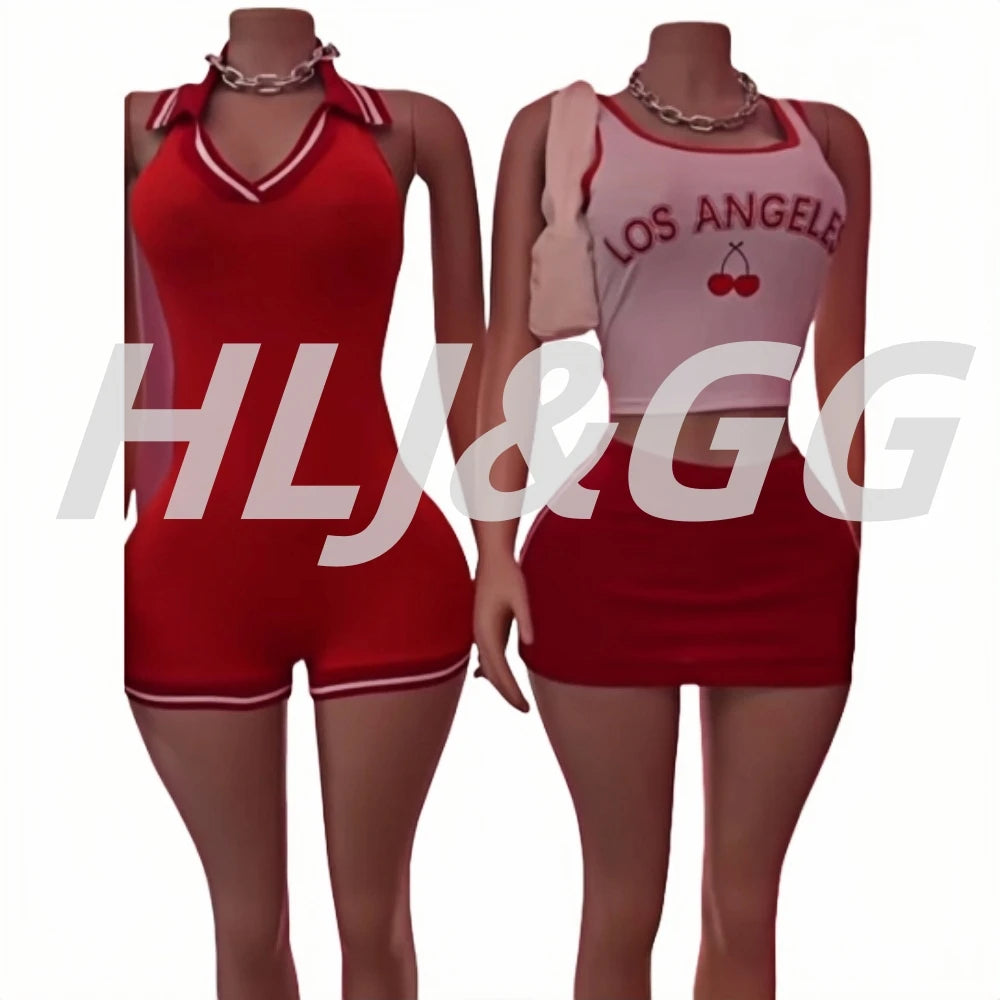 HLJ&GG Red Stripe Knitting Y2K Fashion Streetwear Women O Neck Sleeveless Slim Crop Top And Shorts Two Piece Sets Outfits 2025