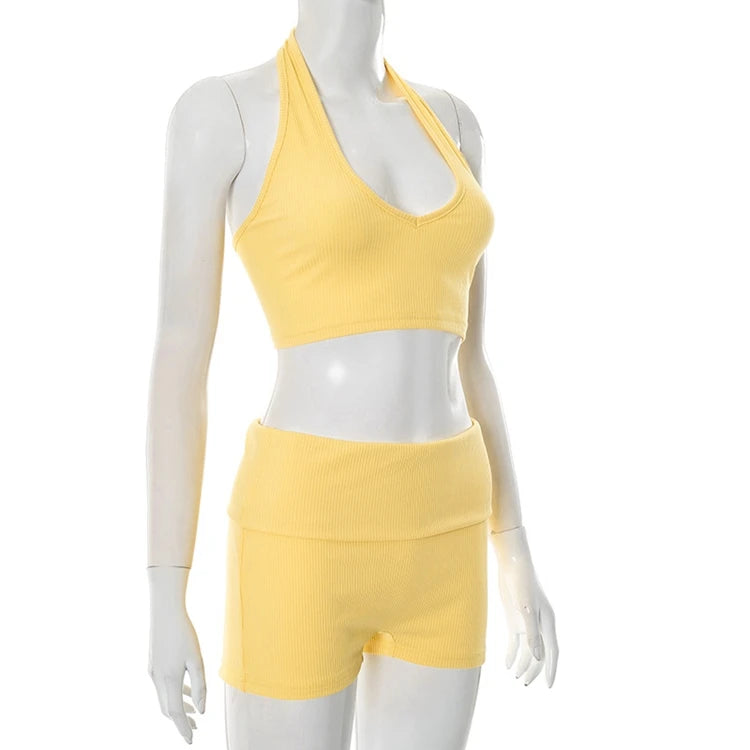 STYLISH LADY Printed Ribbed 2 Piece Set Women Halter Backless Crop Top and Shorts Suits 2025 Summer Sexy Club Party Outfits