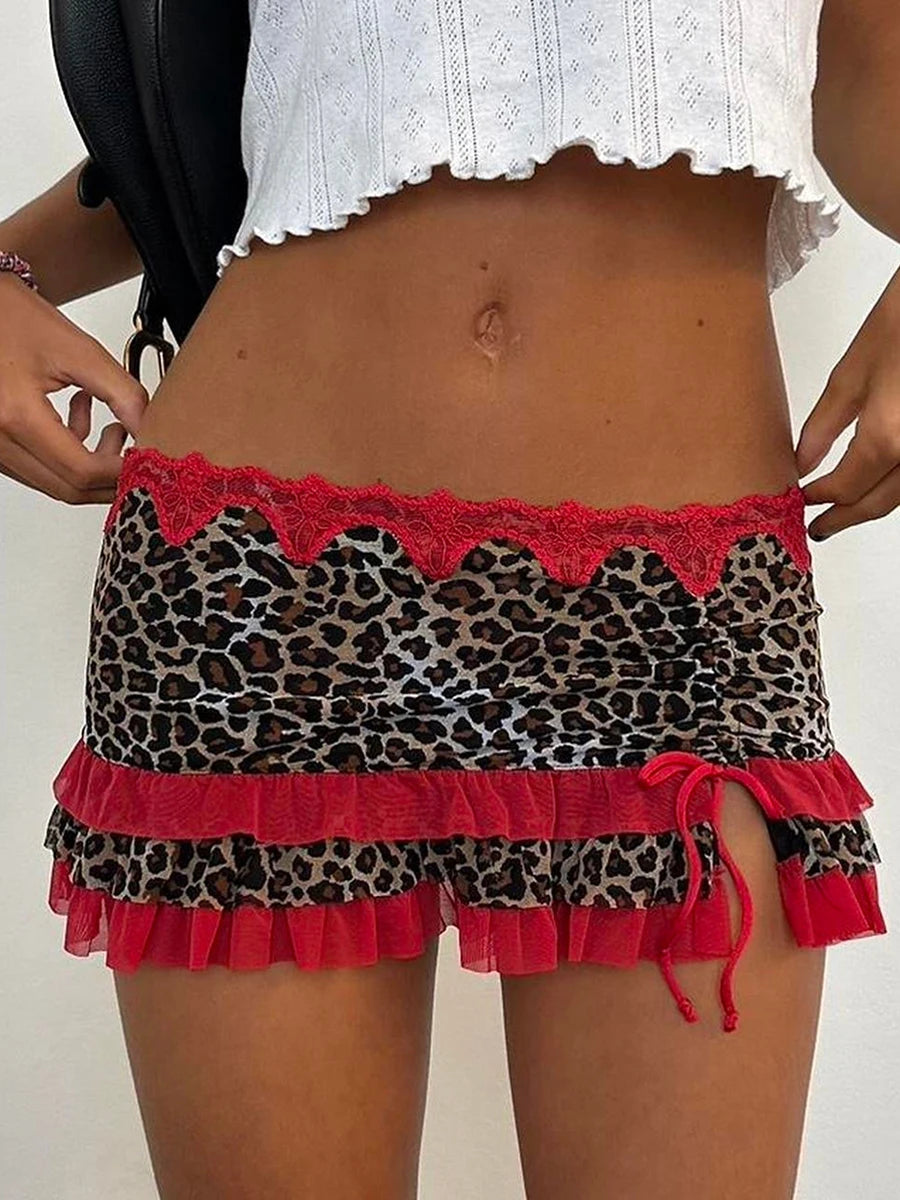 Y2K Fairycore Skirt Leopard Drawstring Harajuku Streetwear Gothic Retro Mini Skirt Hip Hop Low Rise Skirts Punk Fashion Dress