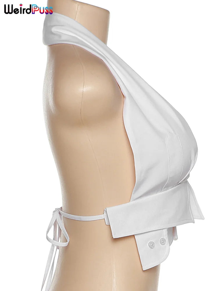 Weird Puss Y2K Button Halter Camisole Women V-Neck Skinny Elegant Sexy Summer Fashion 2022 Wild Streetwear Backless Tank Tops