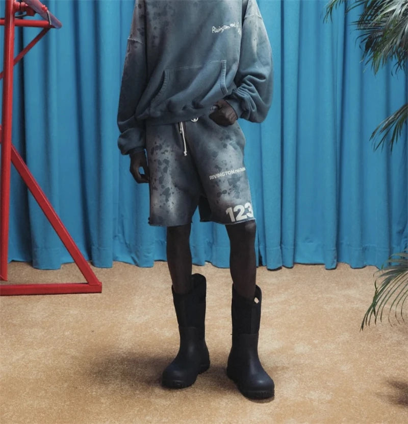 RRR123 2024 New Sports Shorts Heavyweight Washed Graffiti Print Vintage Drawstring Capris Casual High Street Loose Curled Y2K