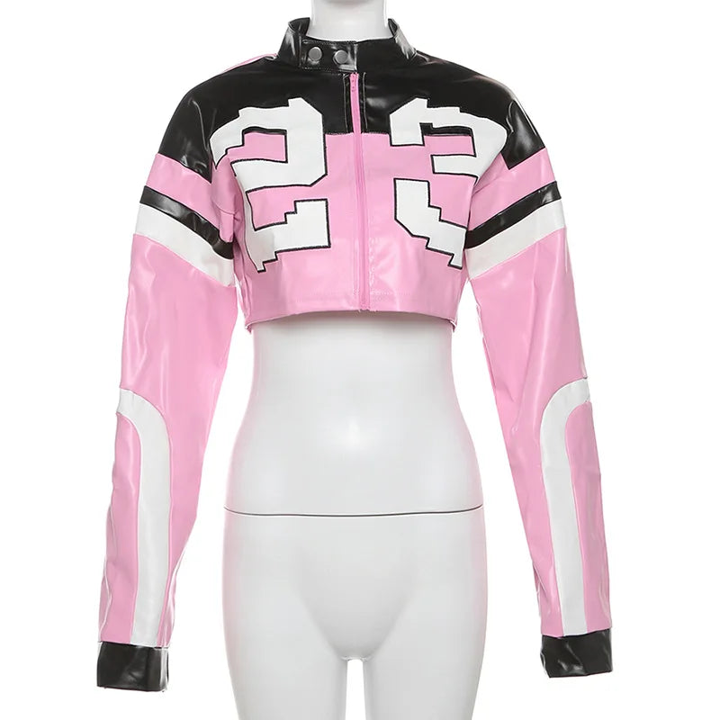 HLJ&GG Fashion Y2K Leather Jacket 3 Piece Sets Women Letter Print Zipper Long Sleeve Crop Top+Bodysuits+Shorts Outfit Streetwear