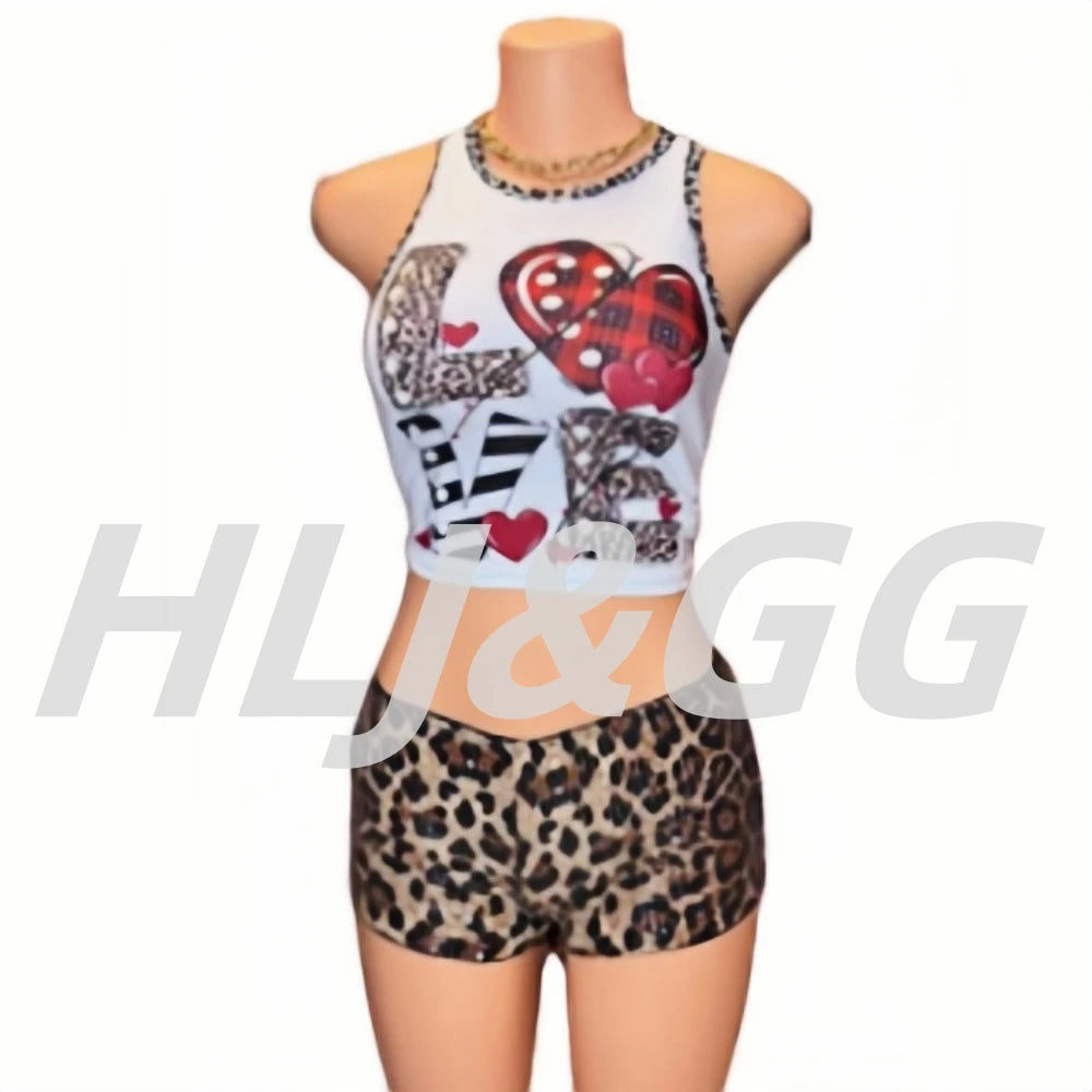 HLJ&GG Y2K Fashion Letter Printing Sequin Shorts Two Piece Sets Women Round Neck Short Sleeve Slim Crop Top And Shorts Outfits