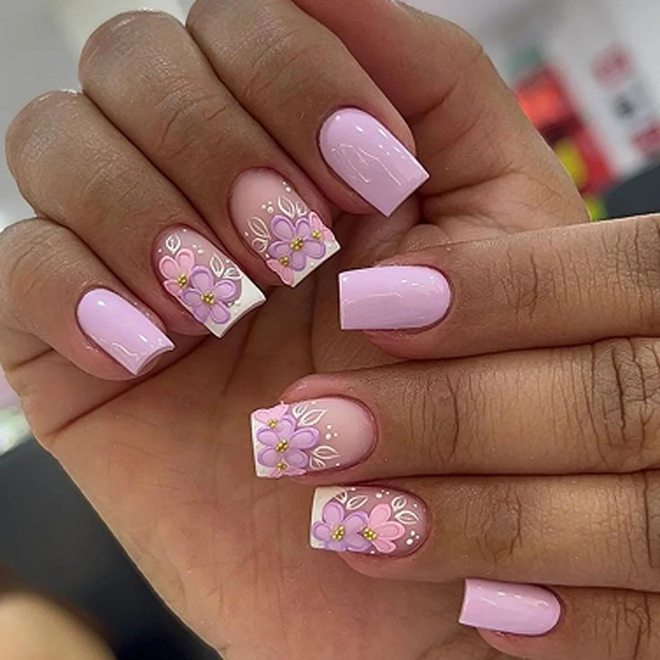 24pcs Short French Press on Nails with 3D Flower Design Fake Nail Tips Wearable Full Cover European Coffin Ballet Fake Nails
