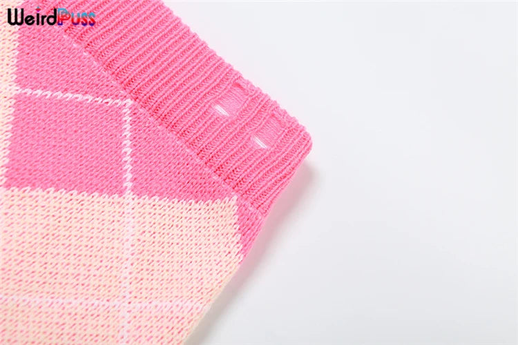 Weird Puss Sweater Women 2 Piece Set Hipster Tassel Plaid Cardigan Tops+Mini Shorts Stretch Autumn Trend Matching Street Outfits