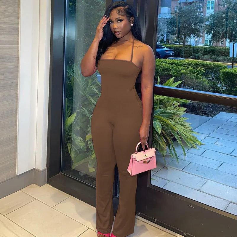 Hugcitar 2025 Spring Halter Solid Sleeveless Backless Sexy Bodycon Flare Pants Jumpsuit Women Casual Rompers Streetwear Festival