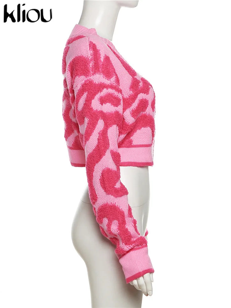 Kliou Knit Coats ladies Autumn New Full Sleeve Breasted Buttons V-neck Ruched Sweather Outwear Bare Midriff Street Tops