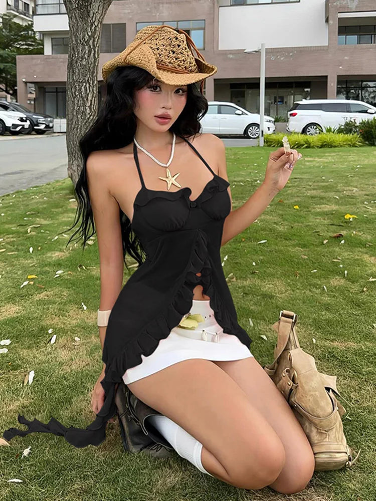 Weird Puss Patchwork Mesh Y2K Sexy Camisole Women Halter Bandage Low-Neck Tassel Ruffles 3d Flowers Midnight Club Sexy Tank Tops