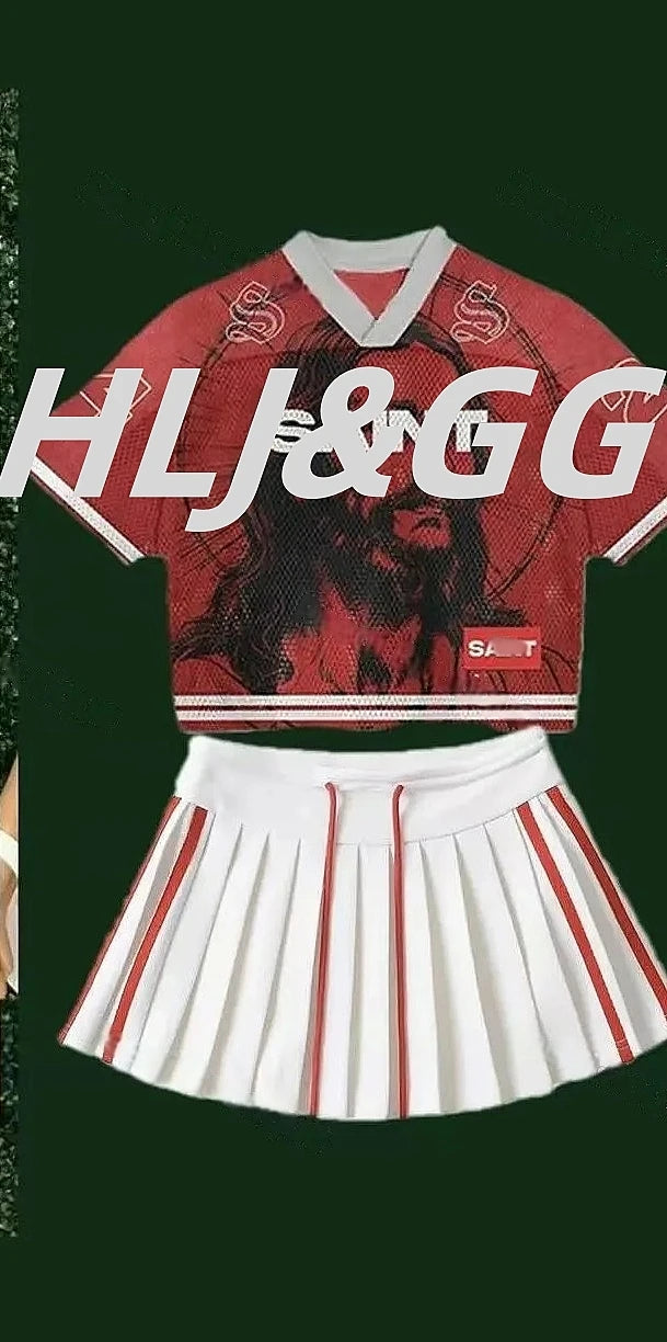 HLJ&GG Fashion 2 Piece Sets Women Outfit Deep V Letter Printing Loose T-shirt + Pleated Skirt Suit Streetwear Spring Summer New