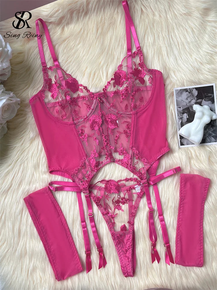 SINGREINY Gauze Sheer Slim Erotic Bra&Brief Sets Fashion Embroidery Club Sleepwear Female Prono Transparent Sexy Underwear Suits