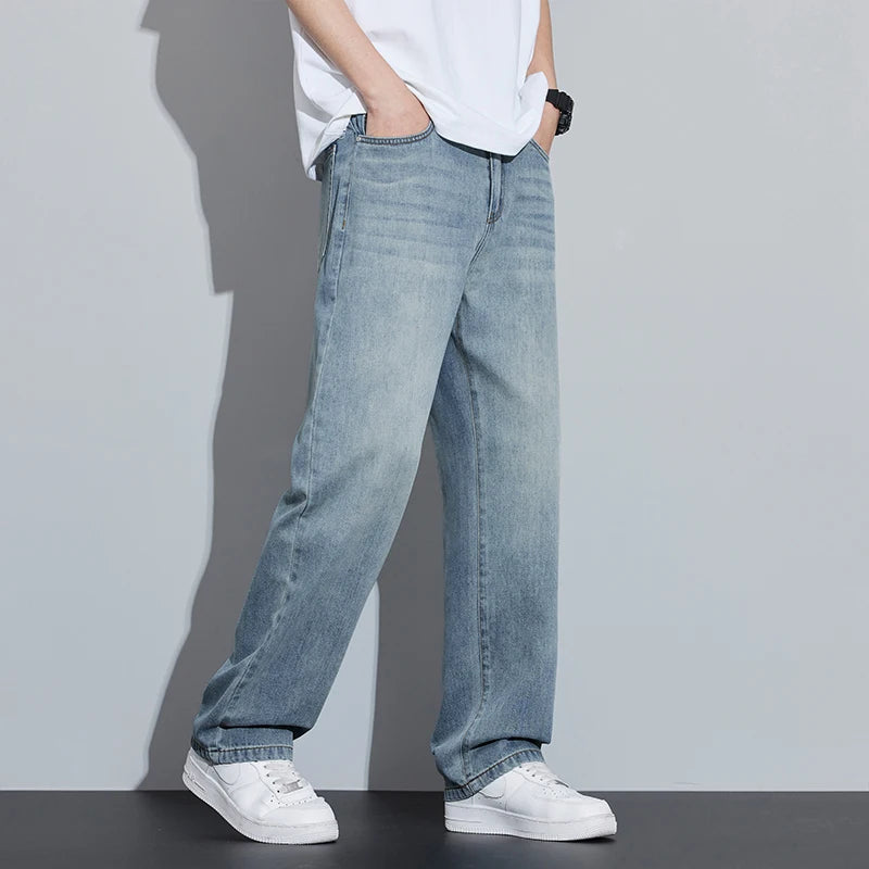 2025 Spring/Summer New Men's Lyocell Loose Jeans Summer Thin Breathable Straight denim Retro Business Casual Fashion Korean M