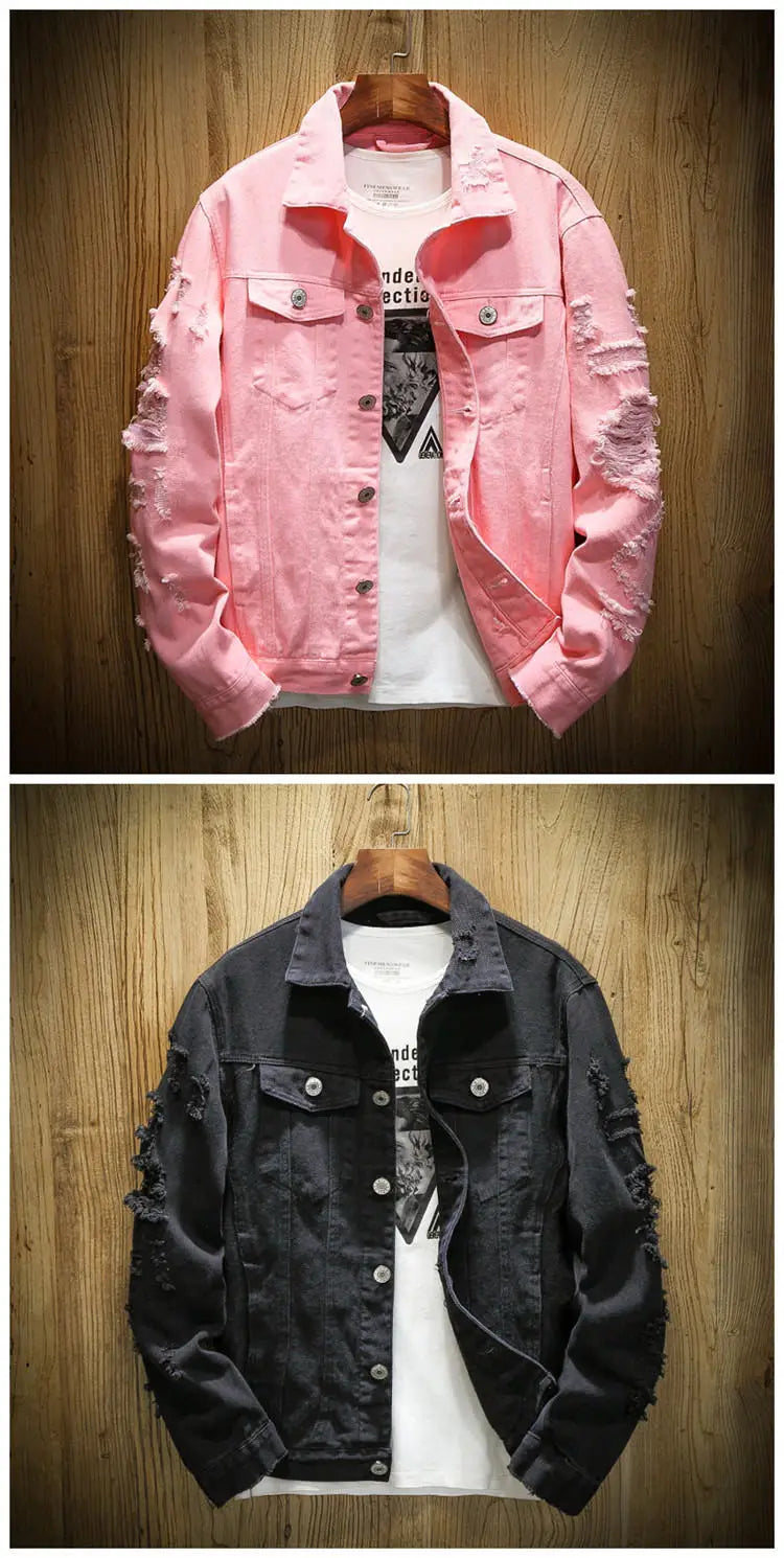Jackets Men Denim Coats Hole Jacket Casual Loose Single Breasted Turn Down Collar Full Sleeve Simple Autumn Winter Coat