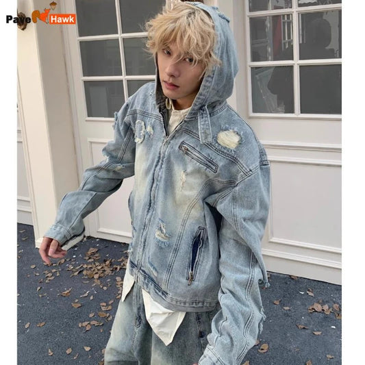 New Hooded Mens Denim Jacket 2024 American Retro High Street Loose Couple Tops Hip Hop Streetwear Trendy Washed Cowboy Coats