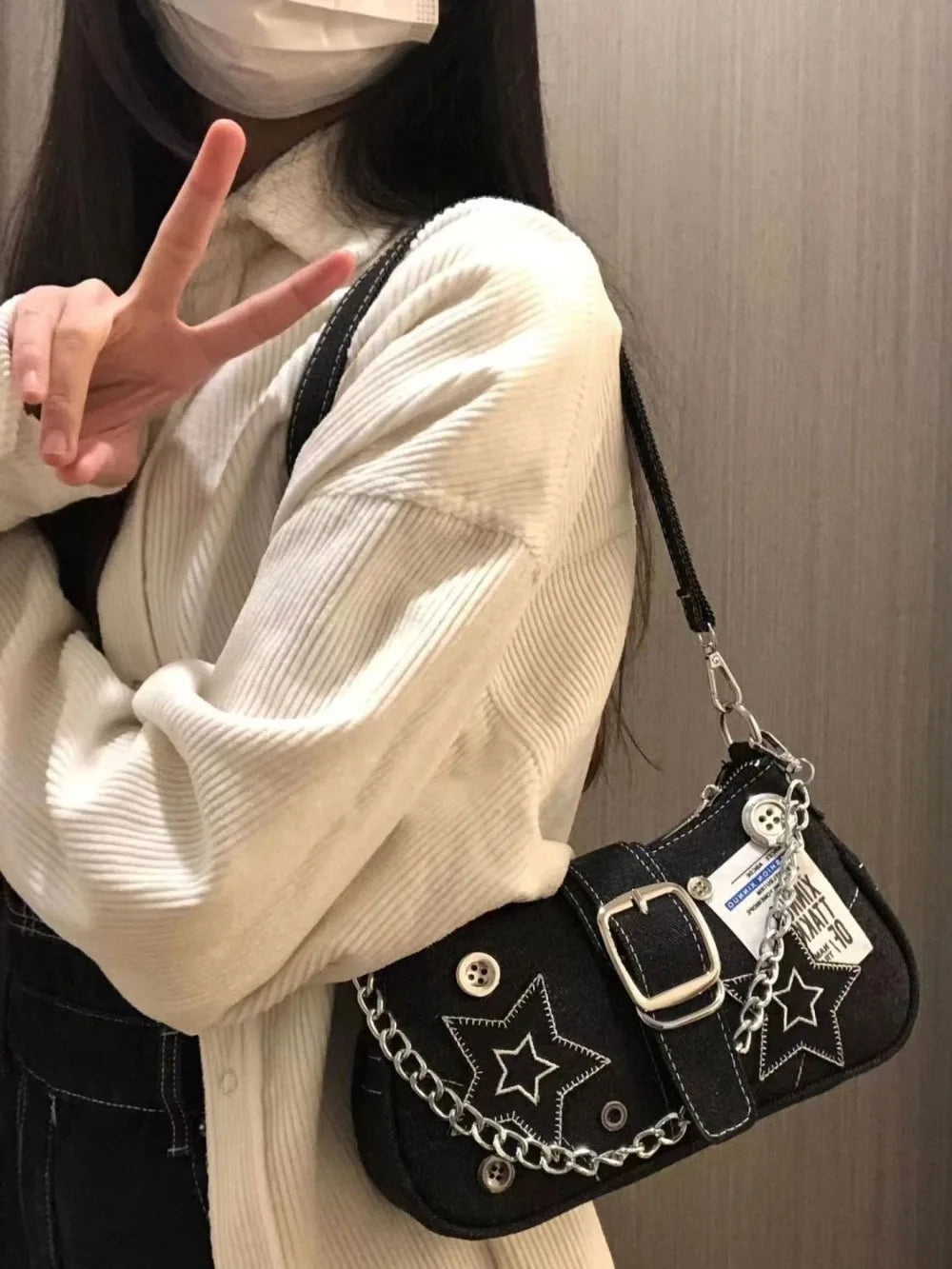 Y2K Canvas Chain Shoulder Bag jeans Stars Pattern Underarm Bag Women's Handbag for Woman Girls