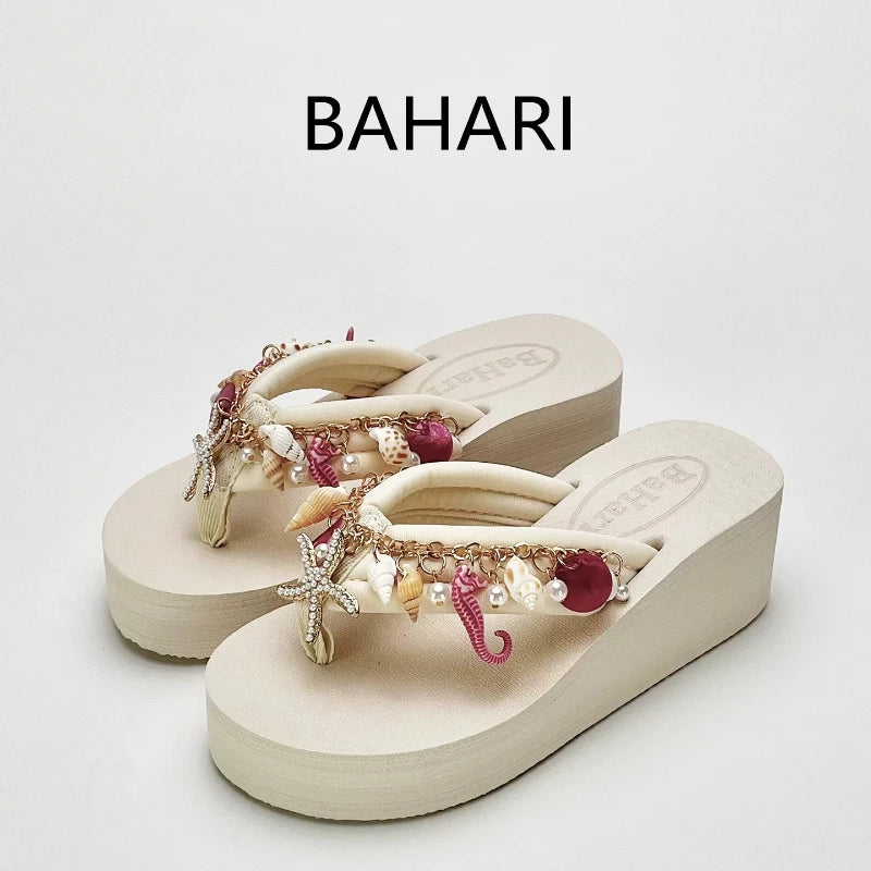 Bohemian High-heeled Flip-flops for Women Summer Vacation Platform Beach Slippers